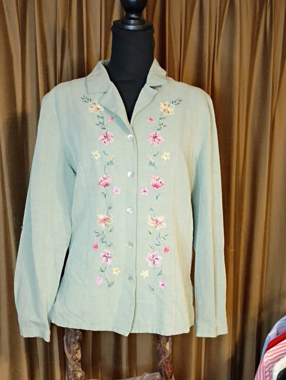 Embroidered Sage Green Button-Down Shirt - Women's Relaxed Fit